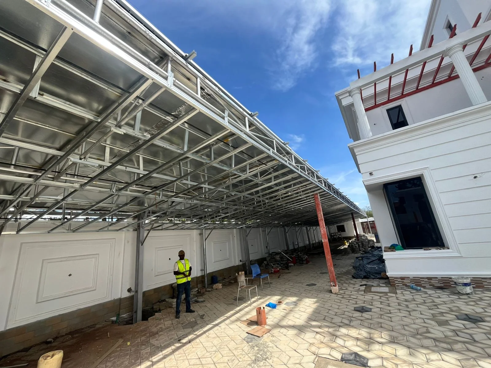 Solar carport wide angle view, structural framework